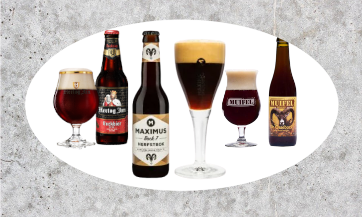 Drie verschillende Nederlandse bockbieren flesjes en glazen